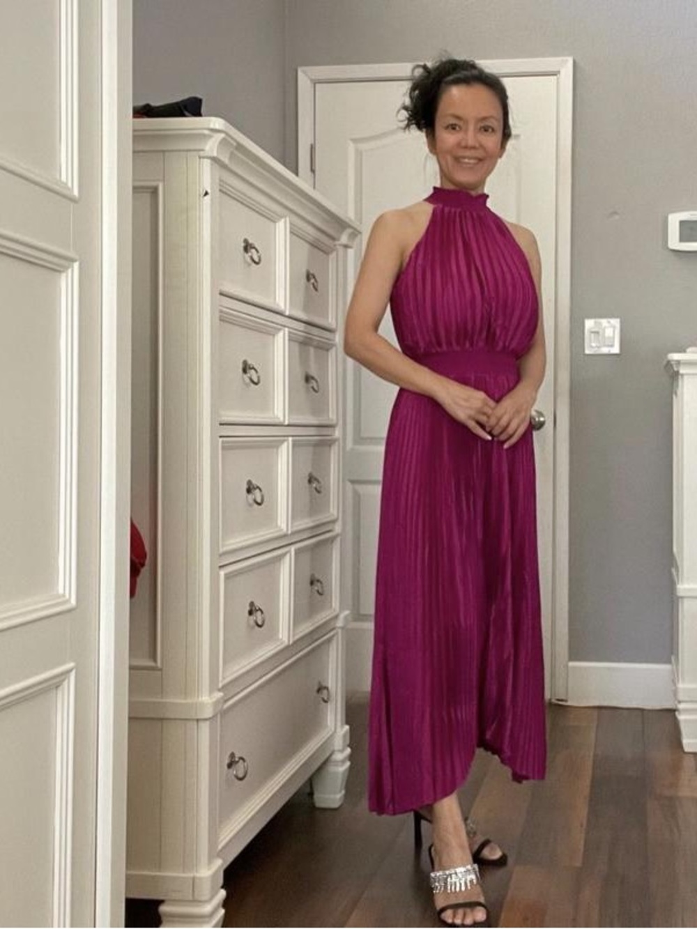White House black market ,Pleated Halter Maxi Dress in Deep Magenta